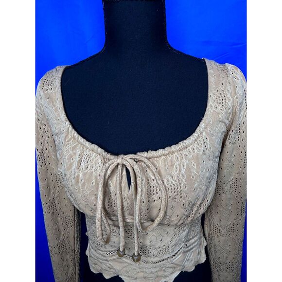 Womens Tan Milkmaid Long Sleeve Crop Top Sz S Cottagecore Peasant Ren Faire Boho - Picture 6 of 9